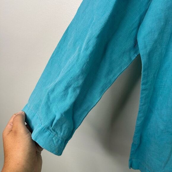 Hot Cotton Linen Button Neck Coastal Turquoise Blue Top XL Casual Boho Pullover - Picture 3 of 9